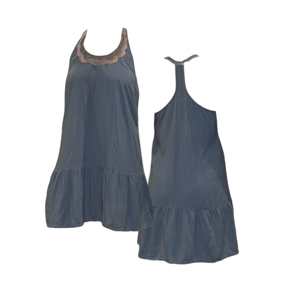 Flowy Blue Ruffle-Hem Halter Dress With Beaded Neckline